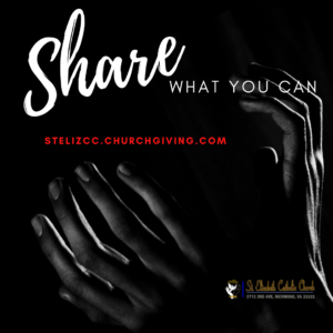 text: Share what you can and a website stelizcc.churchgiving.com id: black and white photo of hands raised