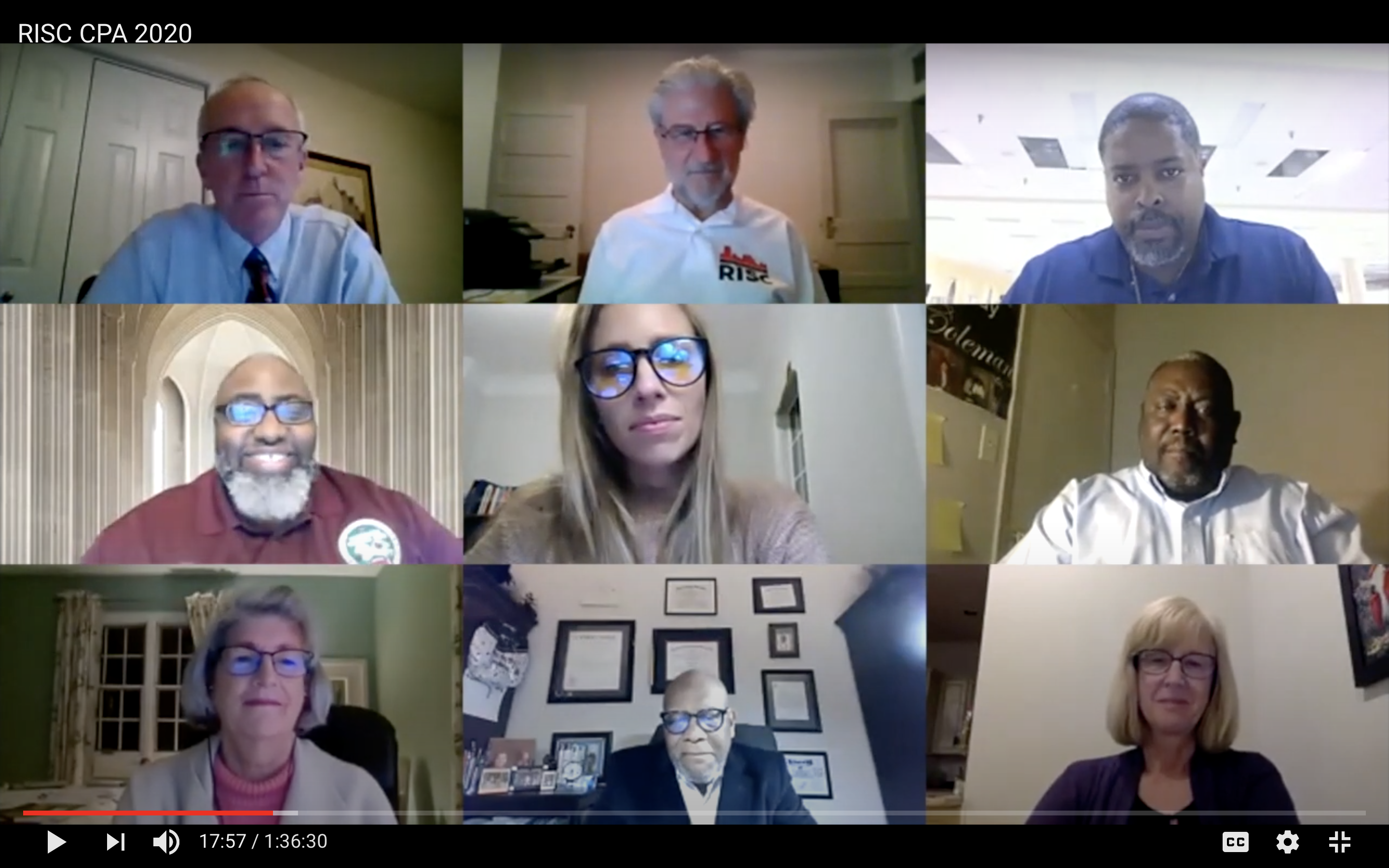 Screenshot of 9 people on a video conference call